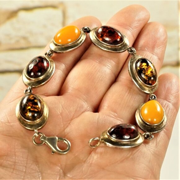 Multi Amber And 925 Silver Link Bracelet 7" - Unisex Amber Jewelry Gift - Picture 6 of 13